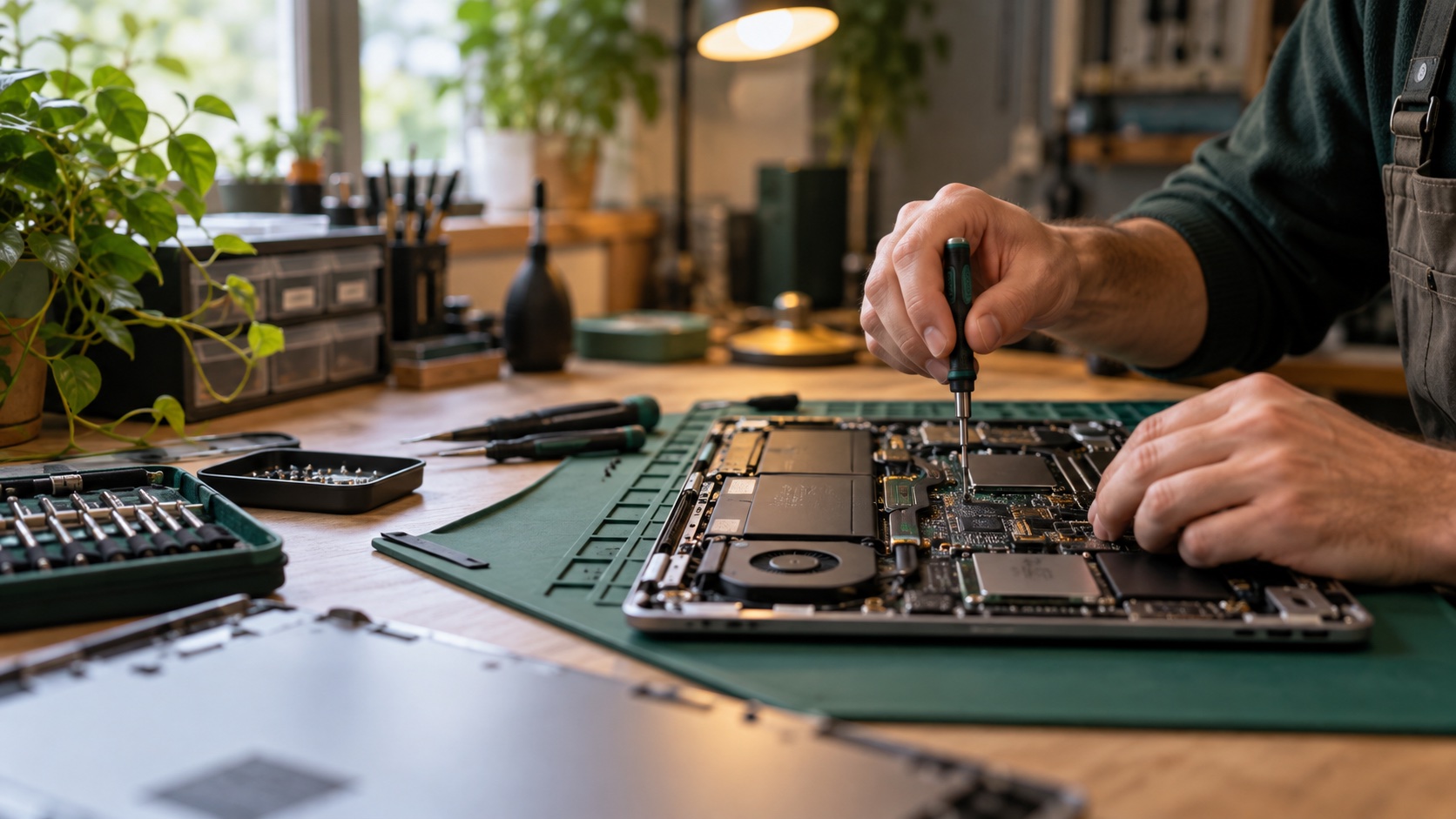 Teknisyenin açık laptop üzerinde bakım yaptığı onarım tezgâhı